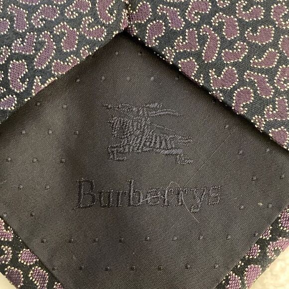 Burberry Hand Sewn Navy & Purple Paisley Patterned Wool/Silk Necktie. - Picture 4 of 6